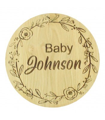 Laser Cut Oak Veneer Personalised Birth Announcement Plaque - Surname with Floral Frame
